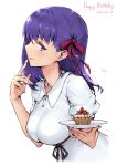  1girl bangs blush breasts dated dress fate/stay_night fate_(series) finger_to_mouth food hair_ribbon haoni happy_birthday large_breasts long_hair looking_at_viewer looking_to_the_side matou_sakura petals plate puffy_short_sleeves puffy_sleeves purple_hair red_ribbon ribbon short_sleeves smile solo strawberry_shortcake tongue tongue_out violet_eyes white_dress 