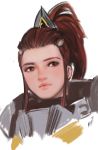  1girl armor brigitte_lindholm brown_eyes brown_hair face highres jang_ju_hyeon lips long_hair looking_at_viewer nose overwatch pink_lips ponytail sidelocks simple_background solo white_background 