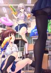  1girl :o aiming ass black_legwear blue_bra blue_skirt blush bra breasts brown_footwear ceiling_light chair chalkboard classroom collared_shirt crotch_seam desk dual_wielding food fruit grin highres holding indoors inflatable_toy inflatable_whale kneehighs leg_up loafers medium_breasts michi miniskirt moe2018 open_mouth original panties panties_under_pantyhose pantyhose pantyshot pantyshot_(sitting) pantyshot_(standing) parted_lips pink_bra pink_legwear pleated_skirt ponytail red_eyes school_chair school_desk see-through shiny shiny_hair shirt shoes short_sleeves silver_hair sitting skirt smile solo standing standing_on_one_leg tareme teeth thighband_pantyhose tied_shirt underwear upskirt v-shaped_eyebrows water water_gun watermelon white_panties white_shirt wing_collar 