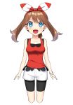  1girl :d bike_shorts black_shirt black_shorts blue_eyes blush bracelet breasts brown_hair collarbone cropped_legs hair_between_eyes hair_ribbon hairband haruka_(pokemon) haruka_(pokemon)_(remake) highres jewelry long_hair looking_at_viewer medium_breasts open_mouth pokemon pokemon_(game) pokemon_oras red_hairband red_shirt ribbon shirt short_shorts shorts shorts_under_shorts simple_background sleeveless sleeveless_shirt smile solo striped striped_ribbon twintails white_background white_shorts yuihiko 