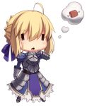  1girl ahoge armor armored_dress artoria_pendragon_(all) blonde_hair blue_ribbon blush boa_(brianoa) boned_meat boots braid breastplate chibi drooling eyebrows_visible_through_hair fate/stay_night fate_(series) faulds food full_body gauntlets hair_between_eyes hair_bun hair_ribbon highres hungry imagining juliet_sleeves legs_apart long_sleeves looking_at_viewer meat open_mouth plate_armor puffy_sleeves ribbon saber short_hair solo thought_bubble transparent_background ||_|| 