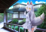  1girl animal_ears architecture blue_sky clouds commentary_request day east_asian_architecture extra_ears eyes_visible_through_hair fox_ears fox_tail gloves highres kakutasu_(akihiron_cactus) kemono_friends long_hair looking_at_viewer looking_back oinari-sama_(kemono_friends) open_mouth orange_eyes outdoors silver_hair skirt sky solo tail tail_ornament very_long_hair white_gloves 