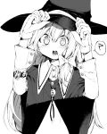  1girl ? aki_maki_yuu blush bolo_tie buttons collared_shirt commentary_request gloves greyscale hair_between_eyes hair_ribbon hands_on_headwear hat highres kirisame_marisa long_hair long_sleeves looking_at_viewer monochrome open_mouth ribbon robe shirt simple_background solo speech_bubble spoken_question_mark teeth touhou upper_body watch watch witch_hat 