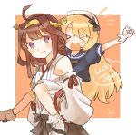  &gt;_&lt; 2girls :d ahoge artist_name bare_shoulders black_neckwear blonde_hair blue_sailor_collar blush brown_hair carrying closed_eyes commentary_request detached_sleeves double_bun eyebrows_visible_through_hair gloves hairband hat headgear ina_(1813576) japanese_clothes jervis_(kantai_collection) kantai_collection kongou_(kantai_collection) long_hair multiple_girls neckerchief nontraditional_miko open_mouth parted_lips piggyback ribbon-trimmed_sleeves ribbon_trim round_teeth sailor_collar sailor_hat school_uniform serafuku shoes short_sleeves smile speech_bubble teeth violet_eyes white_gloves white_hat white_legwear xd 