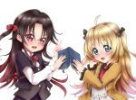  2girls :d ahoge bangs black_bow black_jacket black_shirt black_skirt blonde_hair blue_eyes blush book bow brown_belt brown_hair charlotte_izoard chunyan collared_shirt dress eyebrows_visible_through_hair fingernails gradient_hair hair_between_eyes hair_bow hands_up highres holding holding_book jacket long_hair long_sleeves multicolored_hair multiple_girls necktie one_side_up open_book open_clothes open_jacket open_mouth red_eyes red_neckwear redhead ryuuou_no_oshigoto! shirt short_necktie short_over_long_sleeves short_sleeves simple_background skirt smile two_side_up v very_long_hair white_background white_dress white_shirt wide_sleeves yashajin_ai yellow_jacket 