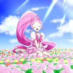  1girl :d ^_^ blue_sky boots choker closed_eyes closed_eyes clouds collarbone cure_blossom day field flower flower_field hanasaki_tsubomi heart heartcatch_precure! highres long_hair magical_girl matatabi_(karukan222) open_mouth outdoors pink_choker pink_hair ponytail precure sitting sky smile solo sunlight very_long_hair white_footwear 