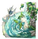  :&lt; closed_eyes closed_mouth fountain leaf leafeon llillllliiil no_humans partially_submerged pokemon pokemon_(creature) simple_background vaporeon water white_background 