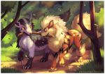  arcanine bush claws commentary commission creature deviantart_username dog eye_contact fangs grass grey_eyes looking_at_another mightyena mouth_hold no_humans outdoors pokemon pokemon_(creature) pokemon_(game) pokemon_rgby pokemon_rse red_eyes road sharp_teeth signature smile stick teeth tree twarda8 walking yellow_sclera 
