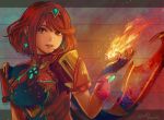  1girl breasts dicesms earrings fingerless_gloves gloves pyra_(xenoblade) jewelry lips looking_at_viewer medium_breasts parted_lips red_eyes redhead short_hair signature solo tiara upper_body xenoblade xenoblade_2 