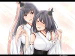  2girls :d ^_^ bare_shoulders black_hair blush breasts closed_eyes detached_sleeves fusou_(kantai_collection) hair_ornament japanese_clothes kantai_collection large_breasts long_hair looking_at_another multiple_girls nontraditional_miko open_mouth red_eyes shohei_(piranha5hk) short_hair smile twitter_username upper_body wide_sleeves yamashiro_(kantai_collection) 