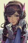  1girl bangs blue_bodysuit bodysuit breasts brown_eyes brown_hair closed_mouth d.va_(overwatch) facepaint facial_mark gloves hand_on_headphones hand_on_own_face hankuri headphones long_hair multicolored multicolored_clothes overwatch pilot_suit shoulder_pads smile solo swept_bangs upper_body white_gloves yellow_background 
