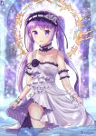  arm_garter bare_shoulders chinchongcha choker collarbone euryale fate/grand_order fate_(series) frills headdress highres long_hair looking_at_viewer off_shoulder open_mouth panties partially_submerged purple_hair standing twintails underwear violet_eyes water 
