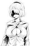  1girl arms_at_sides bangs black_blindfold black_hairband blindfold breasts buttons cleavage collarbone collared_shirt covered_eyes dress_shirt hairband large_breasts long_sleeves mellow_rag mole mole_under_mouth monochrome nier_(series) nier_automata no_bra shirt short_hair simple_background solo unbuttoned unbuttoned_shirt upper_body white_background white_shirt wing_collar yorha_no._2_type_b 