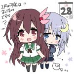  2girls black_legwear black_serafuku black_skirt blue_eyes brown_eyes brown_hair calendar_(object) chibi commentary_request crescent crescent_hair_ornament floral_background frilled_skirt frills green_sailor_collar green_skirt hair_ornament hizuki_yayoi kantai_collection kisaragi_(kantai_collection) long_hair multiple_girls open_mouth pleated_skirt purple_hair sailor_collar school_uniform serafuku short_hair short_hair_with_long_locks simple_background skirt smile standing thigh-highs white_background yayoi_(kantai_collection) 