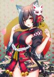  1girl :d animal_ears azur_lane bell black_hair black_kimono breasts cat_ears commentary_request fang fingernails floral_print fox_mask groin hands_up japanese_clothes jingle_bell kimono large_breasts long_sleeves mask mask_on_head open_mouth panties petals print_kimono red_eyes sheepd short_hair sideboob smile solo twitter_username underwear white_panties wide_sleeves yamashiro_(azur_lane) 