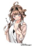  1girl ahoge brown_hair coat double_bun dress_shirt ebifurya hairband headgear highres kantai_collection kongou_(kantai_collection) long_hair looking_at_viewer open_clothes pink_coat shirt simple_background solo twitter_username upper_body violet_eyes white_background white_shirt 