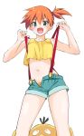  1girl denim denim_shorts green_eyes gym_leader kasumi_(pokemon) misu_kasumi navel open_fly orange_hair orange_panties panties pokemon pokemon_(anime) pokemon_(creature) psyduck short_shorts shorts side_ponytail smile suspenders underwear 