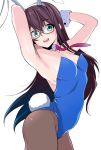  1girl absurdres animal_ears arms_behind_head arms_up black_hair blue_eyes blue_leotard bunny_tail bunnysuit cowboy_shot detached_collar glasses highres kantai_collection kurihara_kenshirou leotard long_hair looking_at_viewer necktie ooyodo_(kantai_collection) open_mouth pantyhose rabbit_ears red_neckwear semi-rimless_eyewear simple_background solo strapless strapless_leotard tail white_background wrist_cuffs 