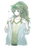  1girl bangs blunt_bangs flat_chest green_eyes green_hair hiyajou_maho labcoat long_hair menomorute ponytail removing_coat simple_background sketch sleeves_rolled_up solo spoken_sweatdrop steins;gate steins;gate_0 sweat sweatdrop tank_top thick_eyebrows undressing upper_body white_background wristband 