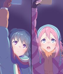  2girls arm_up blue_eyes blue_hair cellphone fingerless_gloves gloves hair_between_eyes hat hetareeji highres kagamihara_nadeshiko long_hair long_sleeves multicolored multicolored_stripes multiple_girls open_mouth phone pink_hair scarf self_shot shima_rin smartphone striped striped_scarf yurucamp 