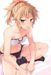  1girl ankle_boots bandeau bare_arms bare_legs bare_shoulders belt belt_buckle black_footwear blonde_hair blush boots braid breasts buckle cutoffs denim fate/grand_order fate_(series) french_braid green_eyes hair_ornament hair_scrunchie highres indian_style leaning_forward looking_at_viewer mordred_(fate) mordred_(fate)_(all) navel open_mouth ponytail red_scrunchie scrunchie short_hair short_shorts shorts sidelocks sitting small_breasts solo sweatdrop tomozero v-shaped_eyebrows 