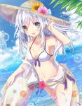  1girl aruka_(alka_p1) bikini blue_eyes blue_sky breasts clouds cowboy_shot front-tie_top hat heterochromia highres innertube long_hair looking_at_viewer moe2018 ocean open_mouth original outdoors shirt silver_hair sky small_breasts smile solo straw_hat swimsuit white_bikini white_shirt yellow_eyes 