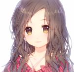  1girl bow brown_hair cable closed_eyes collarbone earphones face forehead lips long_hair looking_at_viewer lowres original pf pink_bow simple_background smile solo tareme upper_body wavy_hair white_background yellow_eyes 