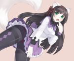  1girl akemi_homura akemi_homura_(cosplay) animal_ears animal_nose argyle argyle_legwear bangs black_hair black_legwear blunt_bangs breasts cosplay cristalavi dutch_angle fur green_eyes hair_ribbon hairband highres long_hair long_sleeves magical_girl mahou_shoujo_madoka_magica medium_breasts miniskirt open_mouth original panties panties_under_pantyhose pantyhose pantyshot pantyshot_(standing) petticoat pink_background pleated_skirt purple_skirt red_hairband red_panties red_ribbon ribbon serenity_(miniruri) side-tie_panties skirt solo standing tail thighband_pantyhose underwear upskirt wolf_ears wolf_tail 