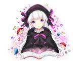  1girl :o artist_name bangs beret black_bow black_capelet black_hat blush book bow butterfly capelet checkerboard_cookie commentary_request cookie eyebrows_visible_through_hair fate/extra fate_(series) food fur-trimmed_capelet hat hat_bow head_tilt heart long_hair looking_at_viewer mushroom nursery_rhyme_(fate/extra) open_book parted_lips rainbow rocm_(nkkf3785) silver_hair solo spoon star striped striped_bow very_long_hair violet_eyes white_background 