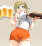  1girl :d alcohol amekasaikuta beer beer_mug blush breasts brown_hair clothes_writing commentary_request employee_uniform eyebrows_visible_through_hair fang food green_eyes hair_bobbles hair_ornament highres hooters inuyama_aoi large_breasts long_hair looking_at_viewer no_legwear open_mouth shirt short_shorts shorts side_ponytail sleeveless sleeveless_shirt smile solo thick_eyebrows tray uniform waitress white_shirt yurucamp 