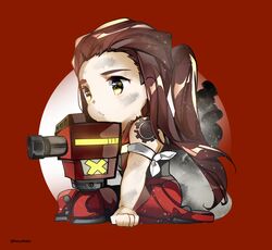  1girl brigitte_(overwatch) brown_eyes brown_hair chibi heco_(mama) kneeling long_hair overwatch ponytail portrait simple_background sleeveless solo tattoo turret 