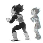  2boys :d armor black_eyes black_hair boots bracelet clenched_hands dirty dirty_face dragon_ball dragon_ball_super dragonball_z expressionless fighting_stance frown gloves happy highres jewelry kyabe looking_at_another looking_away male_focus monochrome multiple_boys open_mouth serious short_hair simple_background smile spiky_hair supobi vegeta white_background 