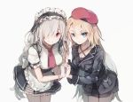  2girls apron beret blonde_hair blue_eyes breasts cleavage cosplay costume_switch g36_(girls_frontline) g36c_(girls_frontline) girls_frontline gloves grey_hair hand_holding hat large_breasts long_hair looking_at_viewer maid_apron maid_headdress medium_breasts multiple_girls red_eyes shuzi skirt white_gloves 
