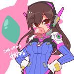  1girl bongfill breasts brown_eyes brown_hair bubble_blowing chewing_gum d.va_(overwatch) dated eyebrows_visible_through_hair hands_on_hips highres long_hair looking_at_viewer medium_breasts overwatch parted_lips signature solo upper_body 
