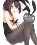 1girl absurdres akizuki_(kantai_collection) animal_ears black_hair black_legwear black_leotard blue_eyes breasts bunny_tail bunnysuit chou-10cm-hou-chan commentary_request detached_collar feet_out_of_frame highres kantai_collection kiritto leotard looking_at_viewer neckerchief pantyhose ponytail rabbit_ears simple_background small_breasts strapless strapless_leotard tail white_background wrist_cuffs yellow_neckwear 