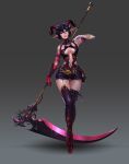  absurdres belt_buckle black_hair book buckle collar dungeon_and_fighter female_priest_(dungeon_and_fighter) gloves highres horns leg_armor mistress_(dungeon_and_fighter) peng_wang pointy_ears pouch red_eyes scythe short_hair thigh_gap 