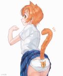  1girl animal_ears animal_print artist_name cat_ears cat_print cat_tail from_behind highres hoshizora_rin kemonomimi_mode kino-maru_inu looking_back love_live! love_live!_school_idol_project miniskirt orange_hair panties paw_pose plaid plaid_skirt pleated_skirt print_panties school_uniform shirt short_hair short_sleeves simple_background skirt skirt_up smile solo tail underwear white_background white_shirt yellow_eyes 