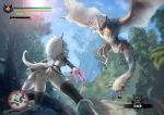  1girl ass battle blue_sky blurry boots claws crop_top day depth_of_field dragon from_behind game_console gameplay_mechanics highres horns kirin_(armor) monster_hunter monster_hunter:_world playstation rathalos skirt sky strapless tail teraguchi thigh-highs thigh_boots tree upskirt vambraces white_hair 