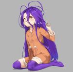  1girl ahoge blush chess_piece closed_mouth grey_background hair_between_eyes highres holding_object long_hair looking_at_viewer mechanical_parts no_game_no_life pixel_(yuxian) purple_hair seiza shuvi_(no_game_no_life) simple_background sitting thigh-highs very_long_hair yellow_eyes 