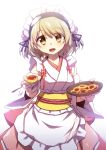  1girl apricot_(flower_knight_girl) blonde_hair blush breasts flower flower_knight_girl food hairband holding looking_at_viewer mizunashi_(second_run) open_mouth short_hair smile 