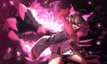  1girl akazukin_(mary_skelter) brown_hair claws coat fang fire fur_trim hair_ornament looking_at_viewer mary_skelter mizunashi_(second_run) open_mouth red_eyes short_hair solo 