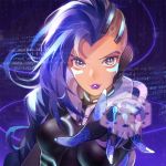  1girl asymmetrical_hair commentary eyeshadow high_collar highres lipstick looking_at_viewer makeup mascara medium_hair outstretched_hand overwatch purple_hair purple_lips purple_lipstick road_233 solo sombra_(overwatch) sparkling_eyes violet_eyes 