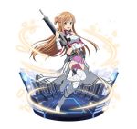  1girl :d armor armored_boots asuna_(sao) boots breasts brown_eyes brown_hair detached_sleeves faux_figurine floating_hair full_body gun holding holding_gun holding_weapon holster long_hair looking_at_viewer medium_breasts miniskirt open_mouth pink_skirt red_legwear rifle skirt smile solo sword_art_online thigh-highs thigh_boots thigh_holster very_long_hair weapon white_footwear 