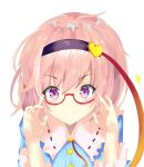  &gt;:) 1girl adjusting_eyewear bespectacled blouse blue_blouse buttons commentary_request eyebrows_visible_through_hair eyelashes glasses headband heart highres juna_(sir_mfmf) komeiji_satori looking_at_viewer pink_hair ribbon-trimmed_collar ribbon_trim semi-rimless_eyewear short_hair solo sparkle touhou translation_request upper_body violet_eyes white_background 