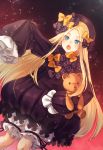  1girl abigail_williams_(fate/grand_order) bangs black_bow black_dress black_hat blonde_hair bloomers blue_eyes bow butterfly commentary_request dress dutch_angle eyebrows_visible_through_hair fate/grand_order fate_(series) forehead hair_bow hat highres kitazume_kumie long_hair long_sleeves looking_at_viewer object_hug open_mouth orange_bow outstretched_arm parted_bangs polka_dot polka_dot_bow revision sleeves_past_fingers sleeves_past_wrists solo stuffed_animal stuffed_toy teddy_bear underwear very_long_hair white_bloomers 