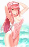  1girl ;) blush breasts cleavage competition_swimsuit covered_navel darling_in_the_franxx eyebrows_visible_through_hair farys_(afopahqfw) green_eyes highres horns long_hair looking_at_viewer medium_breasts one-piece_swimsuit one_eye_closed pink_hair ponytail smile solo swimsuit white_swimsuit zero_two_(darling_in_the_franxx) 