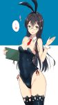  ... 1girl animal_ears black_hair black_legwear black_leotard blue_background book breasts bunnysuit commentary_request cowboy_shot detached_collar glasses green_eyes heart highres kantai_collection leotard long_hair necktie ooyodo_(kantai_collection) rabbit_ears red_neckwear semi-rimless_eyewear small_breasts solo spoken_ellipsis spoken_heart standing strapless strapless_leotard takaharu thigh-highs twitter_username two-tone_background white_background wrist_cuffs 