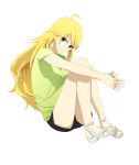  1girl ahoge blonde_hair breasts epitaph_(1122) green_eyes highres hoshii_miki idolmaster long_hair looking_at_viewer sandals shorts simple_background smile solo very_long_hair white_background 
