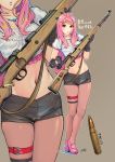  1girl black_gloves bullet carina_(xiaowoo) gloves gun high_heels highres holding holding_gun holding_weapon jewelry long_hair looking_at_viewer mayu_(carina) midriff navel necklace original pantyhose parted_lips pink_hair rifle shorts solo translated violet_eyes weapon zoom_layer 