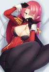  1girl azur_lane black_bra black_gloves black_legwear black_skirt blue_eyes bra breasts cape cleavage doyachii duke_of_york_(azur_lane) earrings epaulettes eyebrows_visible_through_hair eyelashes gloves highres jewelry large_breasts long_hair looking_at_viewer on_bed one_eye_closed pantyhose pointy_ears skirt solo thighs underwear 